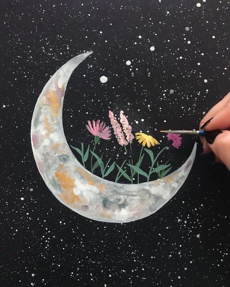 Art Moon Paintings, Cresent Moon Paintings, Simple Space Painting Ideas, Easy Painting Ideas On Canvas Aesthetic Simple Flowers, Moon And Flower Painting, Moon Canvas Painting Ideas, Moon Flower Painting, Diy Moon Painting, Canvas Painting Ideas Moon