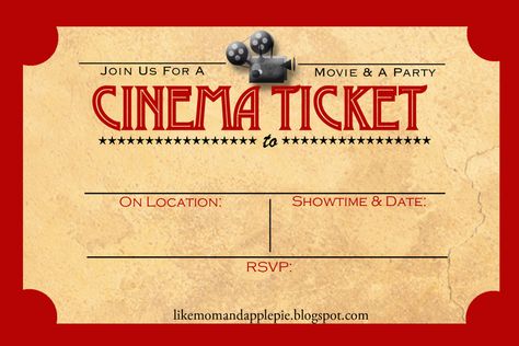 Like Mom And Apple Pie: A Summer Of Movies! Free Printables! Template Tiket, Movie Ticket Birthday Invitations, Movie Ticket Template, Movie Ticket Invitations, Ticket Party Invitations, Movie Party Invitations, Cinema Party, Backyard Movie Party, Invites Template