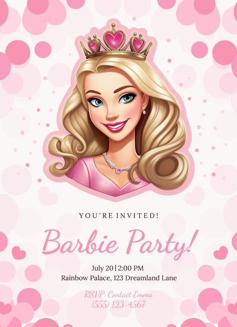 An easy-to-edit invitation template for Google Docs. Barbie Party Invitations, Barbie Invitation Template, Barbie Invitation, Barbie Birthday Invitations, Barbie Invitations, Free Barbie, Wedding Ceremony Script, Invitations Template, Template Birthday