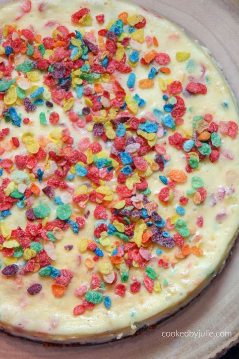 Baked Fruity Pebble Cheesecake - Cooked by Julie Fruity Pebbles Cheesecake, Hot Chocolate Lasagna, Cheesecake Cranberry, Fruity Pebble Cheesecake, Pebble Art Dog, Cat Mothers Day, Almond Cheesecake, Chocolate Mousse Cheesecake, Cheesecake Baked