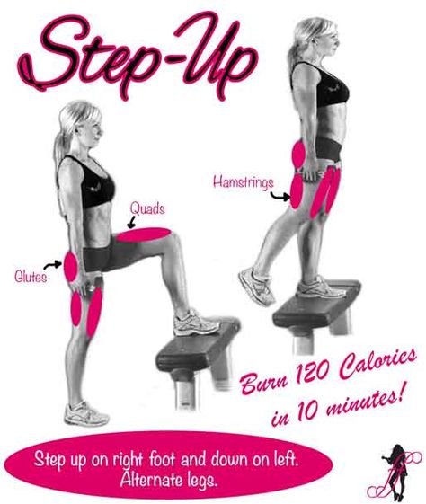 Step-Up            Burns: 120 Calories in 10 minutes!         How To: Step up on rigt foot and down on left. Alternate legs. Make sure to push through your heels to activate the glutes.        Muscles Used: Glutes, Quads & Hamstrings. Glutes Muscles, Step Ups, Quads And Hamstrings, Bench Workout, Tip Tuesday, Female Fitness, Motivation Fitness, Glutes Workout, Leg Workout