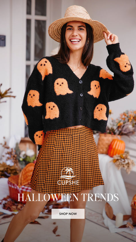 👻 Get ready for 𝐇𝐚𝐥𝐥𝐨𝐰𝐞𝐞𝐧 with Cupshe's hauntingly chic outfits.  🎃 Trick or treat in style! 🧛 Pumpkin Cardigan Outfit, Pumpkin Cardigan, Halloween Inspired Outfits, Autumn Adventures, Halloween Trends, Fall Orange, Orange Cardigan, Blouson Sleeve, Ghost Design