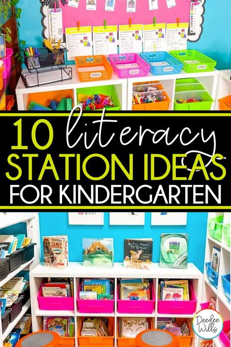 Daily 5 Centers Kindergarten, Centres For Kindergarten, Literacy Tubs Kindergarten, Creative Kindergarten Classroom Ideas, Prek Ela Activities, Kindergarten Discovery Center Ideas, Literacy Center Kindergarten, Kindergarten Learning Stations, Kindergarten Center Set Up