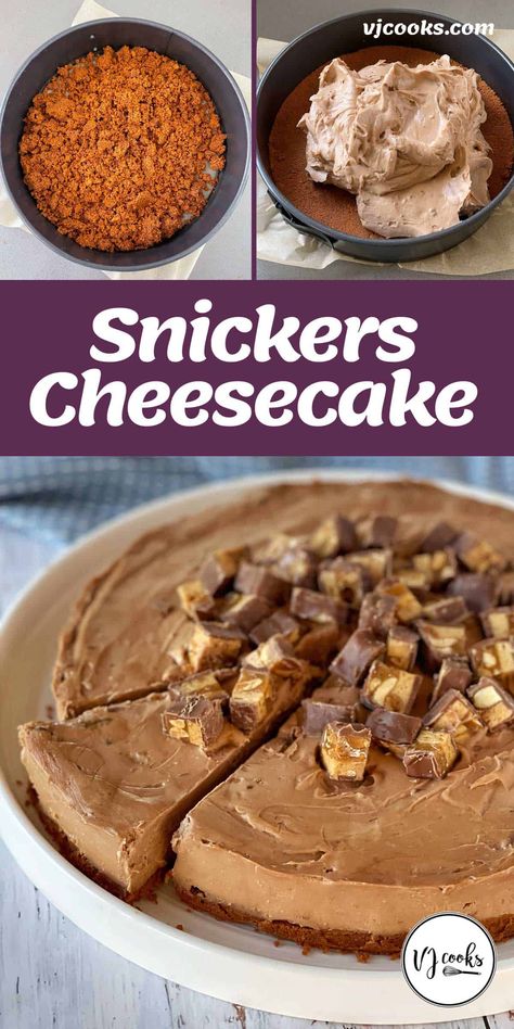 A incredibly decadent and delicious no-bake chocolate cheesecake with chunks of snickers folded through the creamy mixture, and also as decorative pieces on top. Made with a simple cookie/butter base, this impressive cheesecake is sure to impress your friends and family at your next dinner party or get together. #vjcooks #chocolate #superdesserts #snickers #snickerscheesecake Pan Desserts, Vj Cooks, No Bake Chocolate Cheesecake, Snickers Cheesecake, Simple Cookie, Cheesecake Mousse, Gluten Free Cheesecake, Christmas Foods, Cookie Butter