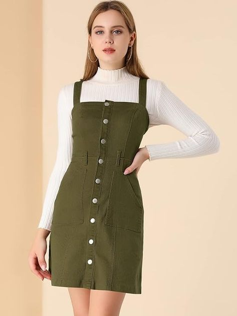 Allegra K Women's Classic Overall Dresses Adjustable Strap Pinafore Denim Jean Dress Medium Army Green at Amazon Women’s Clothing store Dress Structure, Overall Denim Dress, Fitted Denim Dress, Denim Jean Dress, Denim Overall Dress, Jean Dress, Classic Dress, Overall Dress, Womens Clothing Sizes