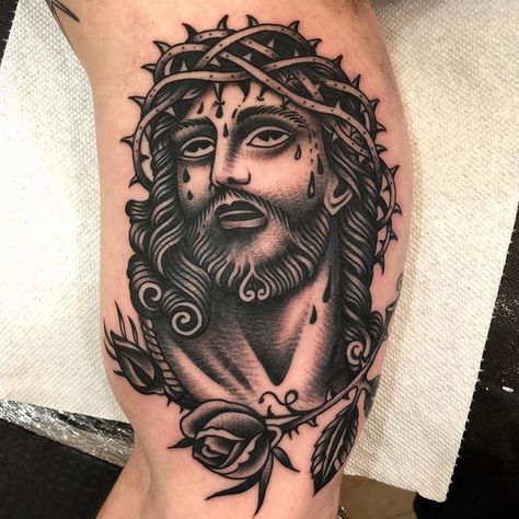 Inner Arm Tattoo For Men Ideas, Jesus Tattoo Design, Thorn Tattoo, Traditional Black Tattoo, Inner Bicep Tattoo, Christ Tattoo, Tattoo Old School, Traditional Tattoo Sleeve, Head Tattoo