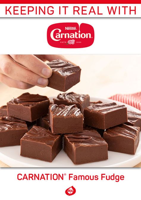 This five-star recipe makes an unforgettably delectable holiday gift – one family, friends, and coworkers won't soon forget. And with easy variations, you can make milk chocolate, butterscotch, or peanutty chocolate fudge. Fudge Recipes Carnation Milk, Carnation Chocolate Fudge Recipe, Carnation Famous Fudge Recipe, Milk Chocolate Fudge Recipe, Nestle Fudge Recipe, Carnation Fudge Recipe, Carnation Fudge, Fudge Recipe Condensed Milk, Crushed Pineapple Cake