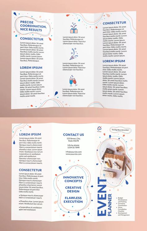 Event Planner Trifold Brochure Template AI, EPS, INDD, PSD and MS Word Brochure Design Simple, Event Schedule Design, Proposal Brochure, Event Brochure, Brochure Design Layouts, Brochure Trifold, Trifold Brochure Design, Pamphlet Design, Business Labels