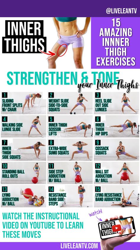 15 Amazing Inner Thigh Exercises to Tone and Define - Live Lean TV Inner Thigh Toning Exercises, Inner Thigh Workouts, Inner Thigh Exercises, Thigh Toning Exercises, Tone Inner Thighs, Inner Thigh Muscle, Thigh Workouts, Reduce Thigh Fat, 12 Minute Workout