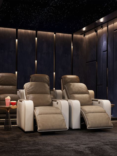 Additionally, a stylish home theater with a starry sky effect is set up separately.
This concept extends to the dark suede panels, between which warm light gently cascades, completing the immersive experience. Small Home Theater Room Design, Luxurious House Interior, Small Home Theater Rooms, Warm Ambient Lighting, Cinema Lighting, Home Theatre Design, Small Home Theater, Sky Effect, Fabric Wall Panels