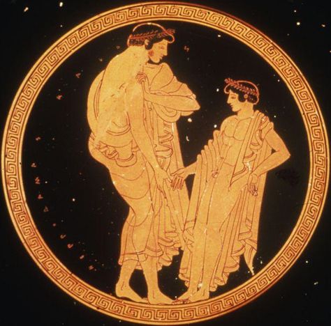 Courtship Scene Between Youth and Boy | Attic red-figure cup by Makron, c. 480 BCE. Munich, Staatliche Antikensammlungen, 2655. Ancient Greek Vase, Greek Vase, Ancient Greek Pottery, Ancient Greek Art, Greek Pottery, Greek Vases, Ancient Technology, Greek And Roman Mythology, Greek Art