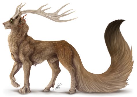 Mythical Deer, Deer Dragon Hybrid, Wolf With Antlers, Mythical Deer Art, Sheep Stealer Dragon, Deer Like Mythical Creatures, Wolf With Antlers Art, Animal Experiments, Deer Monster Concept Art