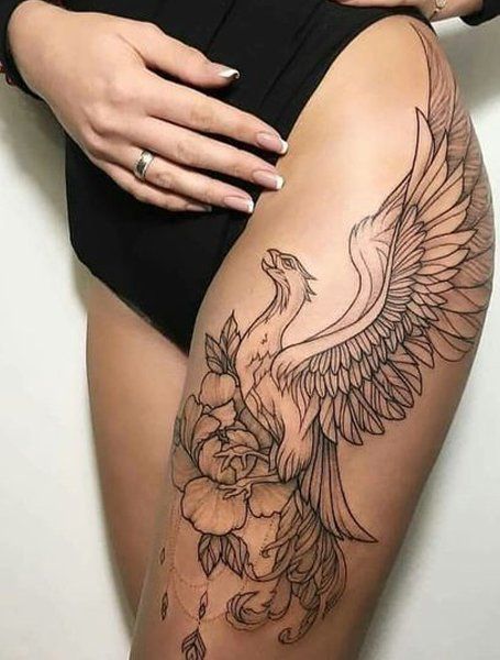 20 Striking Phoenix Tattoos for Women in 2021 - The Trend Spotter Tattoo Bein Frau, Phoenix Feather Tattoos, Phoenix Tattoo Feminine, Cute Thigh Tattoos, Phoenix Tattoos, Full Leg Tattoos, Phoenix Tattoo Design, Hip Tattoos Women, Inspiration Tattoos