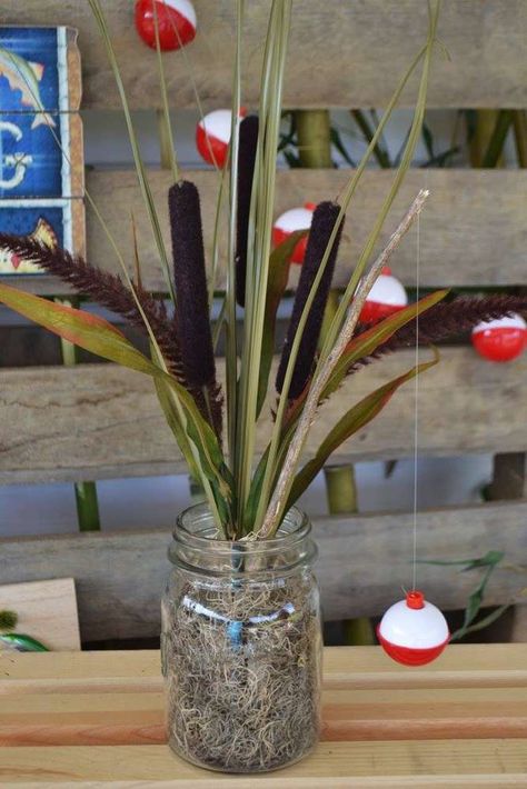 Fishing Themed Birthday Party Centerpiece, Fishing Themed 60th Birthday Party, Fishing Theme Table Centerpieces, Fishing Birthday Table Decor, Hunting Fishing Birthday Party, Diy Fishing Decorations Party, Fishing Theme Table Decor, Fish Party Centerpieces, Bobber Birthday Party