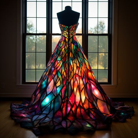 Creative Evening Gown, Unique Colors Dresses, Unusual Prom Dresses Unique, Odesza Outfit, Glow In The Dark Wedding Dress, Stained Glass Gown, Stained Glass Costume, Stain Glass Dress, Stained Glass Wedding Dress