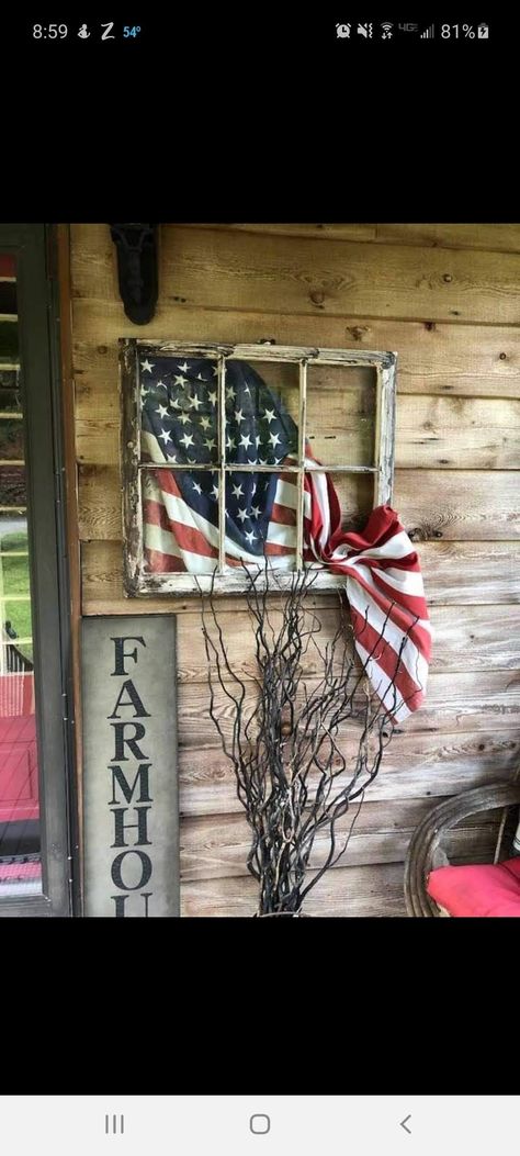 Old Window Frame Fall Decor, Flag In Old Window Frame, Flag Window Pane, Garden Flag Display Ideas, American Flag Window Pane, Old Window Display Ideas, Flag In Window Frame, Old Window With Flag, American Flag In Old Window Frame