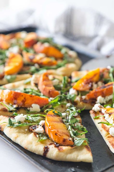 Flatbread With Goat Cheese, Peach Flatbread, Arugula Flatbread Pizza, Peach Goat Cheese, Goat Cheese Flatbread, Goat Cheese Crumbles, Goats Cheese Flatbread, Meals Without Meat, Goat Cheese Pizza