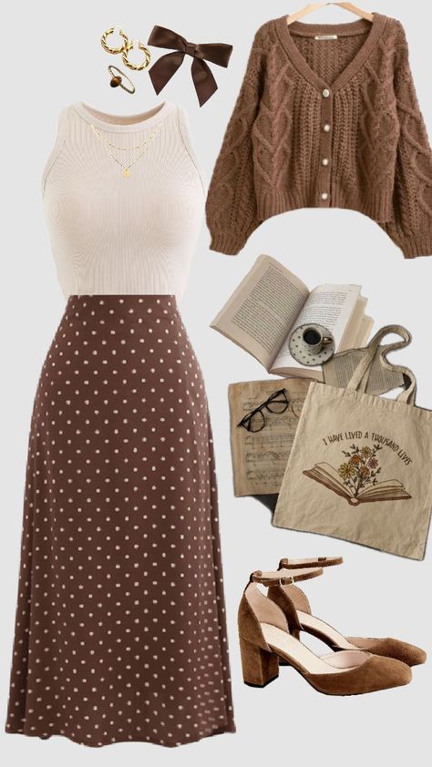 #outfit inspo #academia #brown aesthetic #book lover #modest fashion #Kortney Carson remix Modest Womens Outfits, Modest Academia Outfits, Brown Aesthetic Dress, Spring Academia Outfits, Spring Church Outfits Women, Academia Outfits Summer, Modest Vintage Outfits, Fashion Inspo Modest, Summer Outfit Inspo Modest