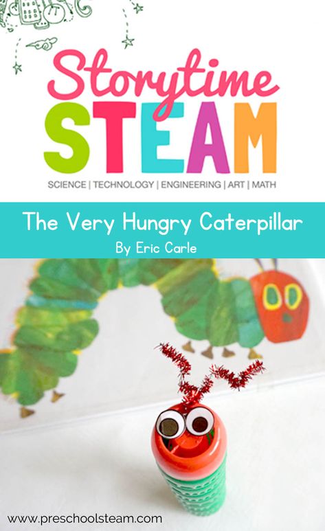 Storytime STEAM with The Very Hungry Caterpillar Steam For Preschool, Caterpillar Preschool, Storytime Activities, Preschool Steam, Hungry Caterpillar Activities, Space Activities For Kids, Steam Lessons, Stem Activities Preschool, Kindergarten Stem