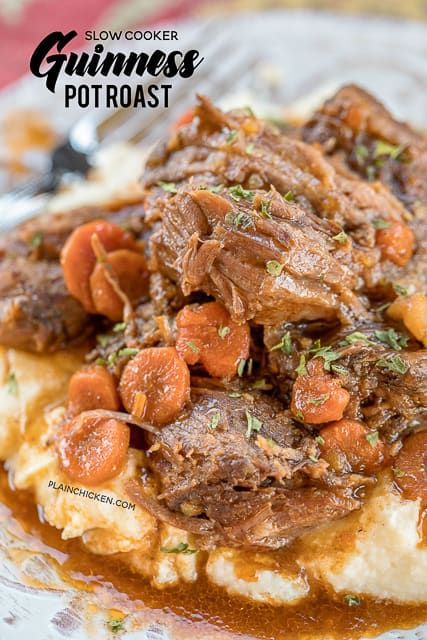 Slow Cooker Guinness Pot Roast - the BEST pot roast EVER! Pot roast, gravy mix, Italian dressing mix, tomato paste, carrots and potatoes. Put everything in the slow cooker and let it cook all day. Serve over mashed potatoes, grits or rice. PERFECT for St. Patrick's Day!! #slowcooker #stpatricksday #potroast Irish Pot Roast, Sabbath Dinner, Irish Meals, Deli Recipes, Fridge Ideas, Roast Gravy, Slow Cooker Steak, Scottish Food, Best Pot Roast