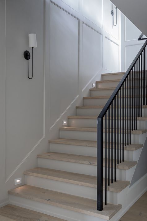 Concord Modern Farmhouse — KT2 Architecture & Design Firm Staircase Moulding Design, Staircase Moulding, Stair Moulding, Farmhouse Staircase, Wall Molding Design, Staircase Railing Design, Stair Wall, House Staircase, Stairs Design Modern