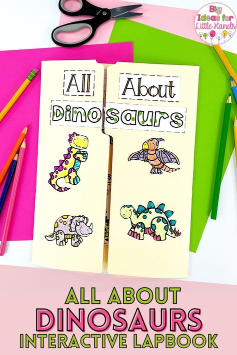 Kids love dinosaurs! Engage your primary students with this fun and engaging Dinosaur Lapbook. This interactive notebook activity is perfect for teaching all about dinosaurs! Students will explore all about dinosaurs and all of the characteristics, qualities and types of dinosaurs! From labeling, compare and contrast, adjectives, story maps, vocabulary and more, this interactive Flap Lapbook is perfect for PreK, Kindergarten, and First grade students.#dinosaurs #flipbooks #elementary Dinosaur Projects 2nd Grade, Dinosaur Kindergarten Activities, Dinosaur Lapbook, Dinosaurs Kindergarten, Interactive Lapbooks, Dinosaur Lesson, Types Of Dinosaurs, Lap Book Templates, Dinosaur Activities Preschool