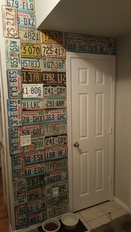 My license plate wall License Plate Wall Ideas, License Plates On Wall, License Plate Wall Decor, Western Bed, License Plate Decor, License Plate Wall, Plate Ideas, Sun Porch, Room Stuff