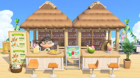 Animal Crossing Beach Deck, Animal Crossing Beach Bar Ideas, Tiki Bar Acnh Code, Acnh Beach Bar Design, Acnh Front Porch, Acnh Beach Ideas Tiki Bar, Acnh Beach Bar Ideas, Acnh Beach Market, Animal Crossing Beach Bar