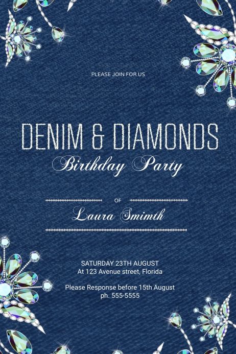 Denim and diamonds Birthday Party Invitation | PosterMyWall Denim And Diamonds Invitation Template, Denim Dinner Party, Denim Themed Party Decorations, Denim Party Theme, Denim Diamonds Theme Party, Denim And Diamonds Party, Diamond Theme Party Ideas, Denim Themed Party, Diamond Theme Party