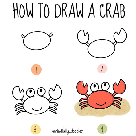 Crab Step By Step Drawing, Crab Simple Drawing, Easy Crab Drawing For Kids, How To Draw A Crab Step By Step, How To Draw A Starfish Step By Step, How To Draw Sea Animals Step By Step, Easy To Draw Sea Creatures, How To Draw A Starfish, How To Draw A Crab