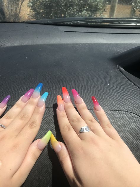 pride nails!!! p.s. the nails aren’t crooked, it’s just my fingers! Tacky Nails, Pride Nails, Nail Enhancements, Multicolored Nails, Spring Acrylic Nails, Drip Nails, Ombre Acrylic Nails, Summer Acrylic Nails, Rainbow Nails