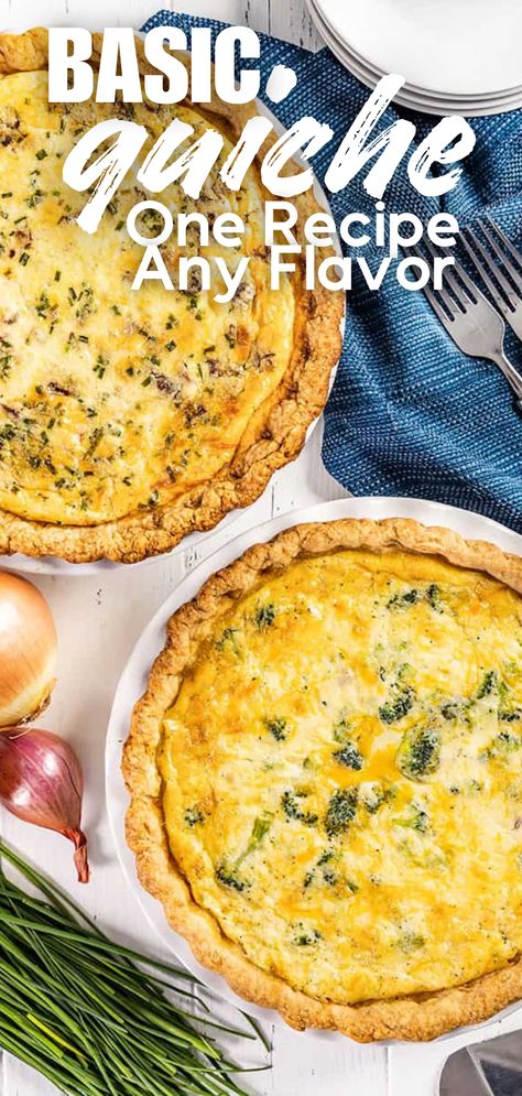 An overhead view of two different flavors of quiche in pie plates. Magnolia Quiche, Home Made Quiche, How To Make A Quiche, Onion Quiche Recipes, Simple Quiche Recipes, Easy Breakfast Quiche, Best Quiche Recipe Ever, Easy Quiche Recipes, Basic Quiche