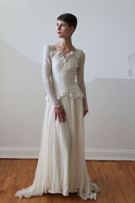 Shop Vintage — Miranda's Vintage Bridal Long Sleeve Silk Wedding Dress, Long Sleeve Vintage Wedding Dress, Lace And Chiffon Wedding Dress, 30s Wedding, Vintage Lace Wedding Dress, Beaded Party Dress, Lace Wedding Gown, Chiffon Wedding Dress, Silk Wedding Dress