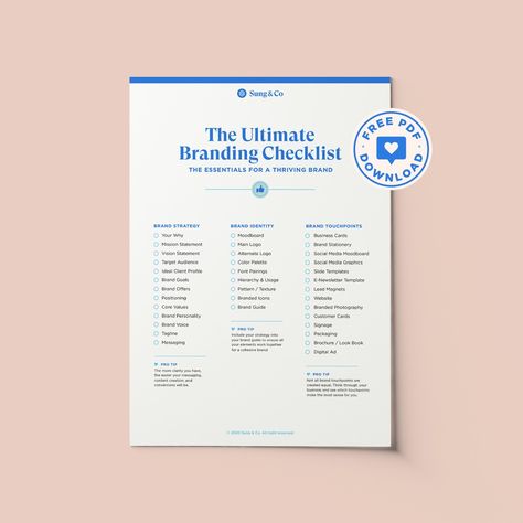 Do you have everything you need for your brand?  We’ve got a free branding checklist you can download! It includes a couple tips on how you can keep your brand consistent too. ✨  Download it now from our Resources page at sungandco.com.  #graphicdesign #logo #marketing #design #typography #creative #business #socialmedia #illustrator #logodesign Making A Logo, Checklist Design, Typography Creative, Branding Checklist, Co Branding, Brand Strategy Design, Business Articles, Branding Tips, Branding Services