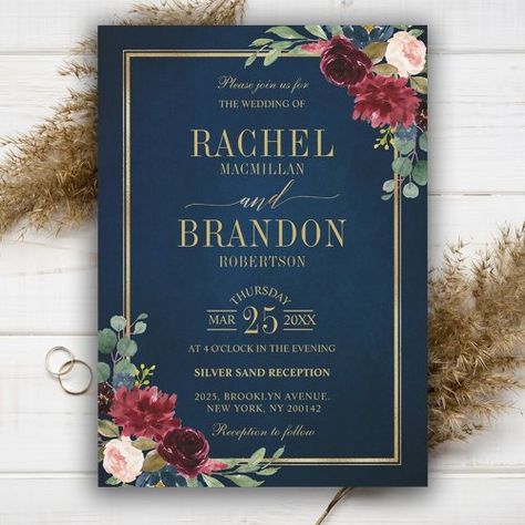 $1.95 | Burgundy Floral Gold Navy Blue Rustic Wedding - navy blue, burgundy red navy gold floral, burgundy navy bohemian wedding, burgundy navy watercolor, rustic boho floral, botanical, mid summer flowers, watercolor floral, marsala gold frame chic country, stylish outdoor boho wedding Navy Blue Rustic Wedding, Navy Wedding Centerpieces, Navy Wedding Decorations, Blue Rustic Wedding, Outdoor Boho Wedding, Wedding Invitations Summer, Navy Blue Wedding Theme, Blue Wedding Stationery, Bohemian Chic Wedding