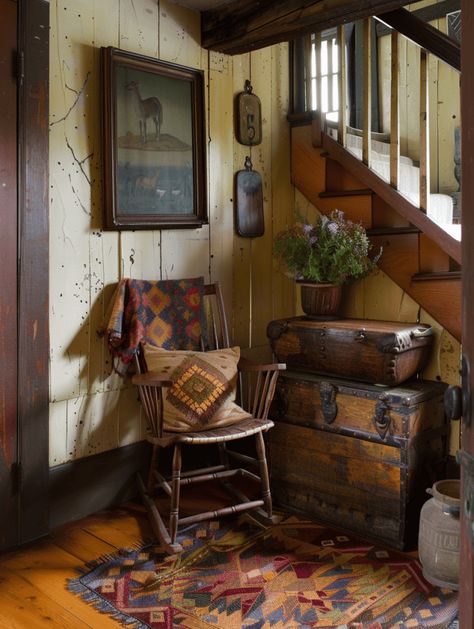 25 Rustic Entryways That Welcome in Style Wood Cabin Interior Rustic, Vintage Rustic Home Decor, Rustic House Interior Decor, Charming Entryway, Rustic Cabin Living Room, Textured Rugs, Wooden Rocker, Moss Walls, Primitive House