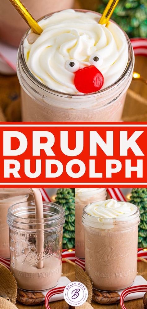 Made with 3 types of liquor and vanilla ice cream, this Drunk Rudolph Milkshake is a decadent and fun Christmas cocktail you didn't know you needed. Thick, creamy, sweet, and boozy, it's a perfect after-dinner drink and dessert in one! Drunk Rudolph Drink, Drunk Reindeer Drink, Polar Bear Drink, Fun Christmas Cocktails, Tropical Drink Recipes, Christmas Cocktails Easy, Healthy And Unhealthy Food, Christmas Punch Recipes, Alcoholic Desserts