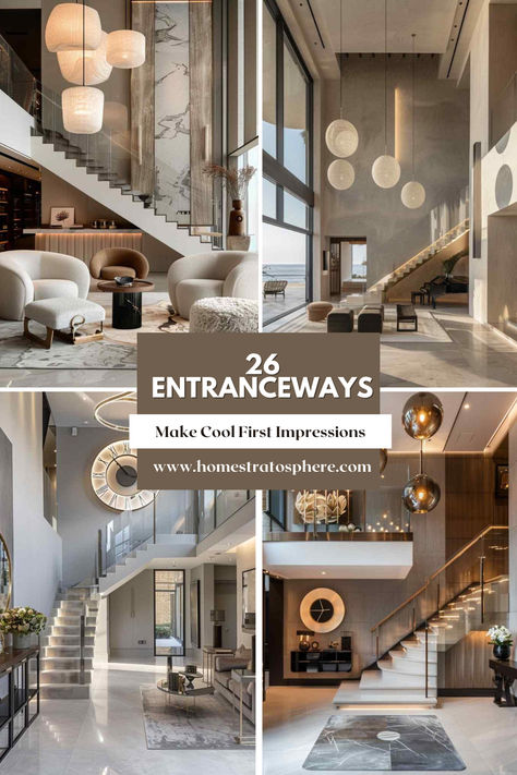 26 Entranceways that Make Cool First Impressions Double Height Entrance Foyer Ceiling Design, Vaulted Foyer Entryway, Foyer Area Design Entrance Luxury, Grand Foyer Ideas Entryway, Grand Foyer Ideas Entryway Entrance, Curved Staircase Foyer Entryway, Double Height Entrance Foyer, Two Story Foyer Decor, Two Story Foyer Ideas Entryway