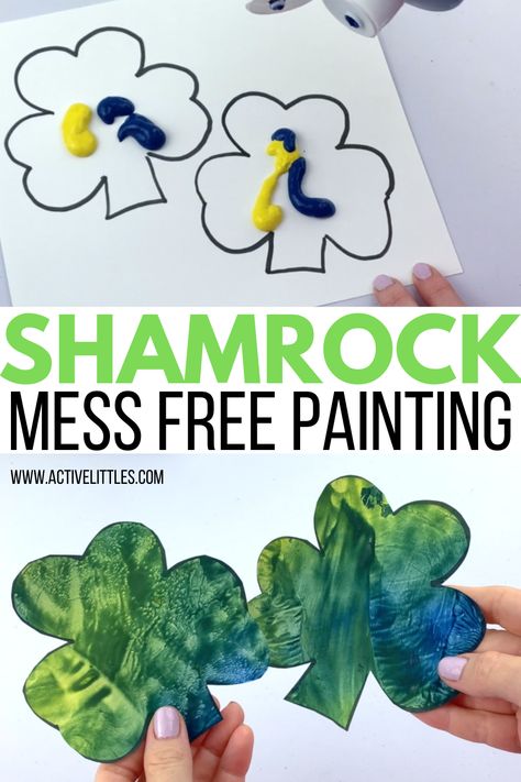 Shamrock Mess Free Painting for Babies and Toddlers - Active Littles March Art Projects For Toddlers, Clover Activities For Toddlers, Shamrock Preschool Crafts, Mess Free Painting For Baby, Shamrock Art For Toddlers, Shamrock Crafts For Toddlers, March Toddler Activities, St Patricks Day Toddler Activities, March Lesson Plans For Toddlers