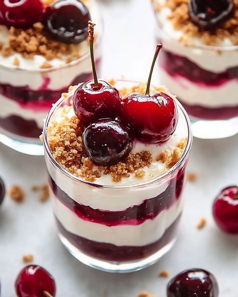 No-Bake Cherry Cheesecake Parfaits 🍒🧁 These cherry cheesecake parfaits are a delightful, easy-to-make dessert that's perfect for any occasion, especially during the holidays. With their creamy texture and sweet-tart cherry topping, they make a stunning and delicious treat! • Ingredients: • 6 pieces graham crackers (1 small individual pack), crushed • 8 oz. cream cheese, softened • ¼ cup organic sugar • 2 cups (40%) heavy whipping cream • 1 can (21 oz.) cherry pie filling • Canned cherries wit... Cheesecake Parfait Cups, Cute Pastries, Cherry Parfait, Cheesecake Parfait, No Bake Cherry Cheesecake, Cherry Topping, Cheesecake Parfaits, Parfait Cups, Fit Foods