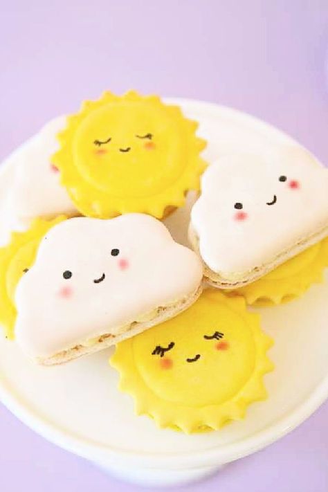 Weather Birthday Party Ideas, Sunshine And Rainbows Birthday Theme, Rain Birthday Party Theme, Sun Theme Desserts, Fun In The Sun Birthday Party, Pastel Sunshine Birthday Party, Sunshine And Rainbows Birthday, Sun Macarons, Sunshine Theme Birthday Party