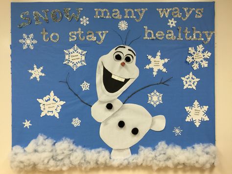 Bulletin board for the winter. Olaf from frozen designed by my coworker and I for the nurses office Frozen Bulletin Board, Education Bulletin Boards, Cafeteria Bulletin Boards, Snowman Bulletin Board, Pe Bulletin Boards, Nurse Bulletin Board, February Bulletin Boards, School Nurse Office Decorations, December Bulletin Boards