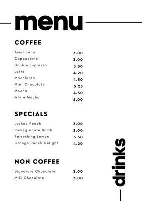 Templates Peach Delight, Coffee Menu Design, Cafe Menu Design, Price List Design, Coffee Shop Menu, Coffee Prices, Americano Coffee, Menu List, Food Menu Template