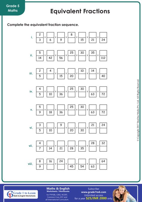 Equivalent Fractions Worksheets Grade 5 | Grade1to6.com Fractions Worksheets Grade 6, Equivalent Fractions Worksheet, Fractions Worksheets Grade 5, Sequence Worksheet, Maths Worksheet, Mathematics Worksheets, Equivalent Fractions, Fractions Worksheets, Free Math Worksheets