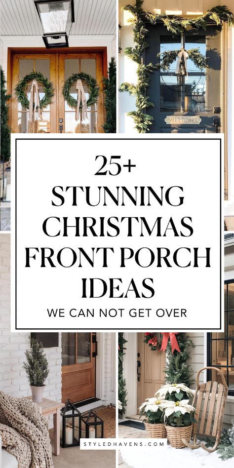 Planning your Christmas decor and looking for beautiful outdoor Christmas decorations you can recreate yourself? These *jaw-droppingly good* Christmas porches are a MUST-SEE: so many simple modern Christmas decor ideas to try yourself for the perfect Christmas front porch! (This beautiful Christmas porch decor is all super classy & elegant and mostly neutral) Cute Christmas Porch Ideas, Upscale Outdoor Christmas Decor, Elegant Christmas Outdoor Decorations, Wreaths For Double Front Doors Christmas, Winter Small Porch Decor, Double Door Entryway Christmas Decor, Front Patio Christmas Decor Ideas, Holiday House Decorations Outdoor, Holiday Porch Decorating Ideas