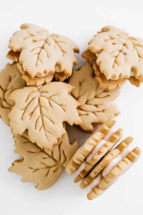 Trader Joes Maple Leaf Cookies, Maple Leaf Sandwich Cookies, Maple Sandwich Cookies Recipe, Leaf Shaped Cookies, Leaf Cookies Fall, Maple Sandwich Cookies, Fall Cookie Box Ideas, Maple Cream Cookies, Autumn Biscuits