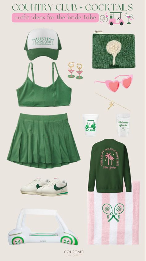 Country Club Accessories, Social Club Bachelorette Party, Country Club Bachelorette Aesthetic, Golf Bachelorette Outfits, Tennis Club Bachelorette, Feelin Spritzy Bachelorette, Tennis Themed Party Outfit, Bachelorette Pickle Ball, Cocktails And Country Clubs Bachelorette