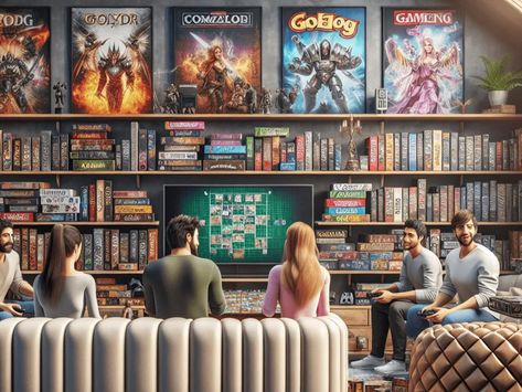 A cozy and inviting gaming room featuring a meticulously arranged shelf filled with various board games and video game consoles, showcasing a mix of analog and digital gaming. A woman and a man are seated comfortably, deeply engaged in competitive gameplay, radiating excitement and camaraderie. The walls are adorned with vibrant posters of popular games, while luxurious seating enhances the warm atmosphere of the space. Board Game Wall, Ultimate Gaming Room, Board Game Room, Video Game Consoles, Creative Storage Solutions, Gaming Room Setup, Creative Storage, Home Building Design, Gaming Room