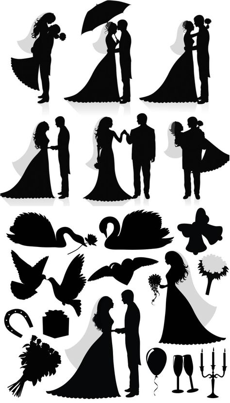 Newlyweds Vector Silhouettes Of People, Pose Pengantin, Portrait Silhouette, Wedding Silhouette, Silhouette Stencil, Silhouette Portrait, Cameo Projects, Silhouette Art, Silhouette Projects