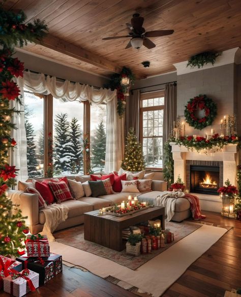 Cozy Christmas Decor, Shabby Home, Classy Decor, Christmas Interiors, Christmas Decorations Living Room, Christmas Decorations For The Home, Farmhouse Christmas Decor, Farmhouse Homes, Christmas House